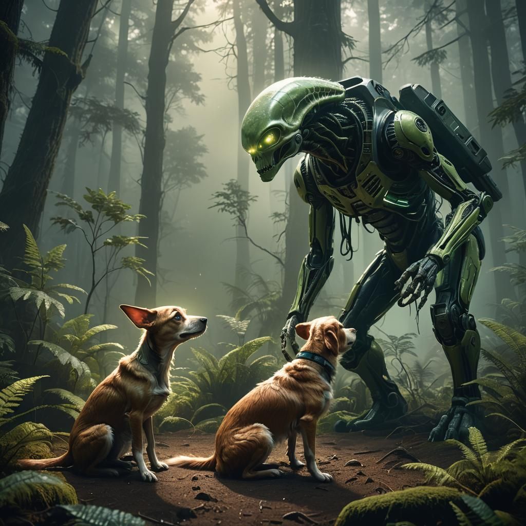 Alien and Dog Encounter in Misty Forest