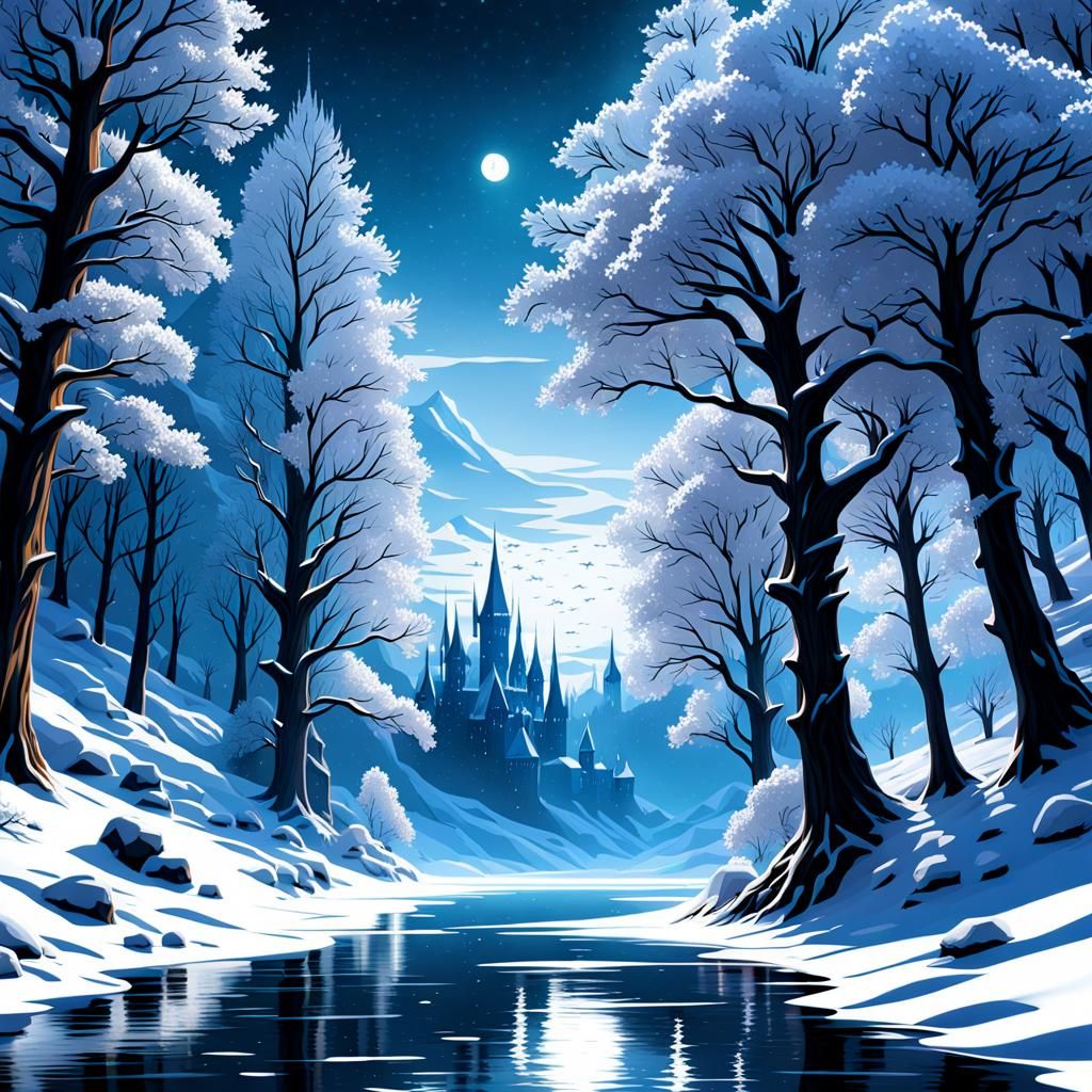 Gothic Winter Landscape with Shooting Stars