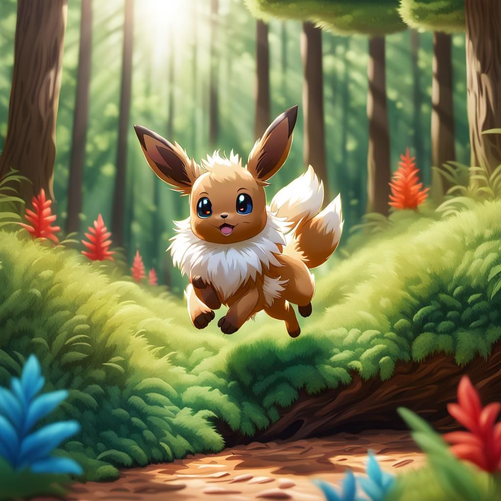 Eevee's Joyful Leap: Vibrant Pixar-Style Forest Scene