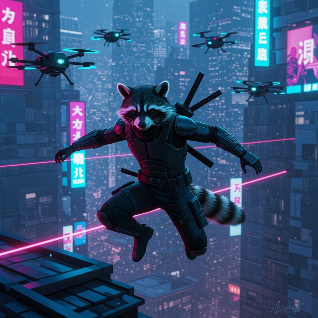 Cyberpunk Raccoon Ninja Leaps Across Futuristic Cityscape