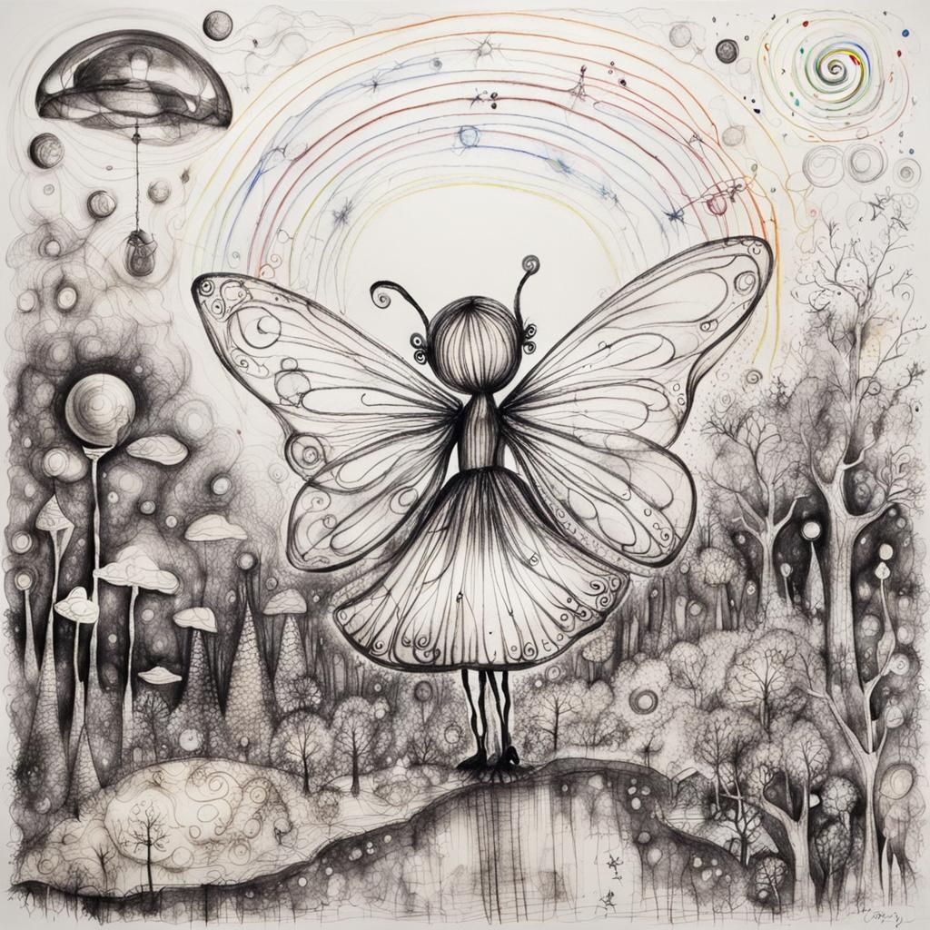 Surreal Fairy Child's Crayon Drawing in Rayograph Style