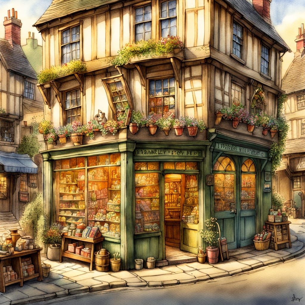 Charming Toy Shop in Watercolor Pencil Drawing Style