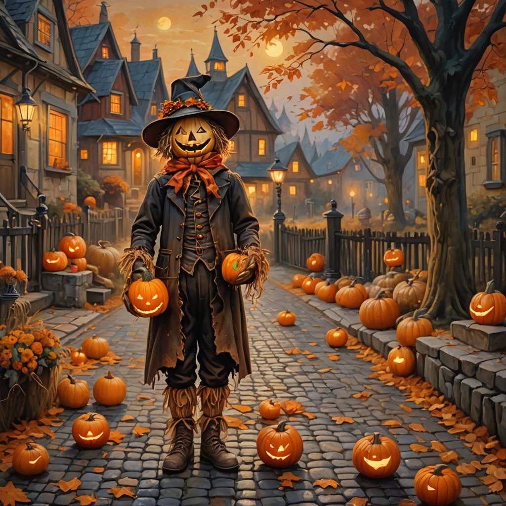 Halloween Scarecrow on Cobblestone Road, Oil Painting
