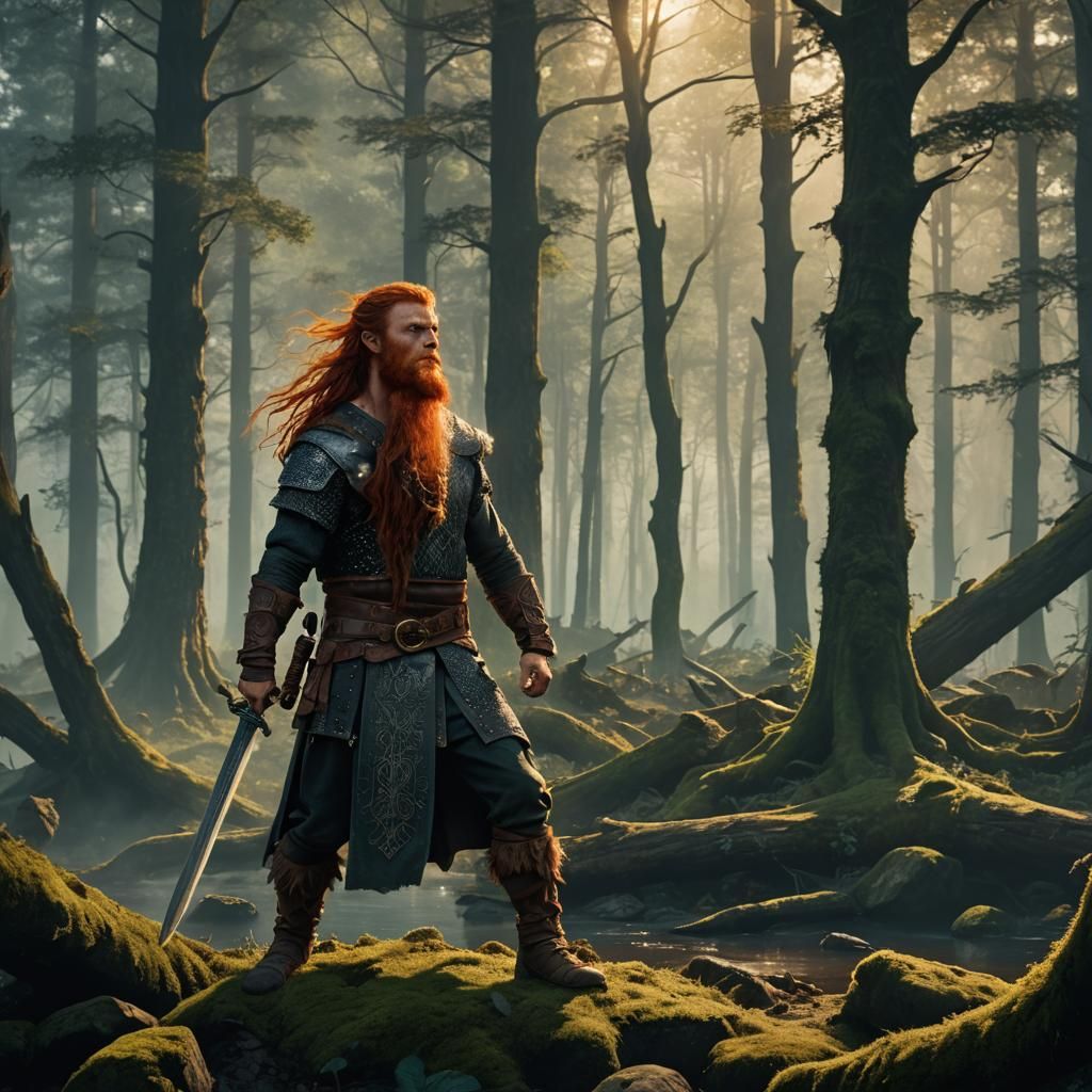 Red-Haired Viking Warrior in Mystical Forest