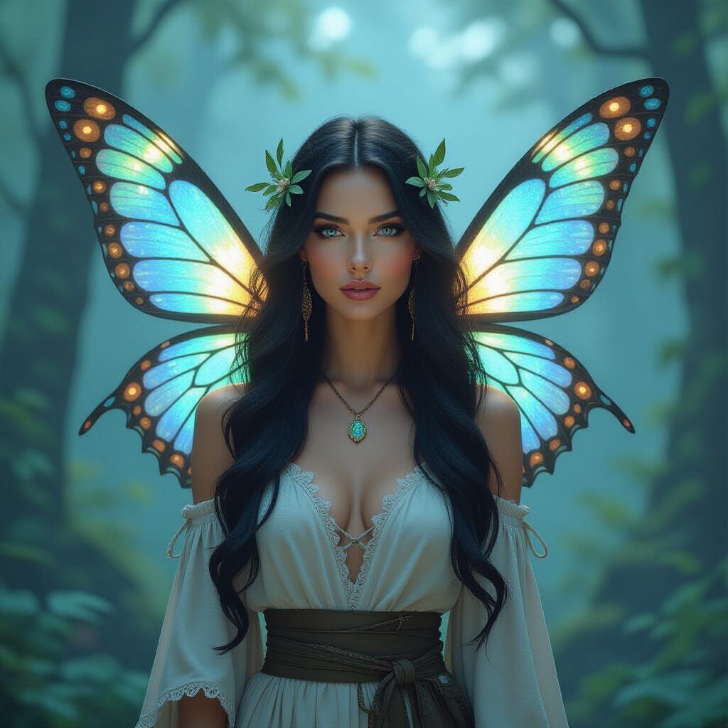 War Fairy with Bioluminescent Wings in Misty Forest