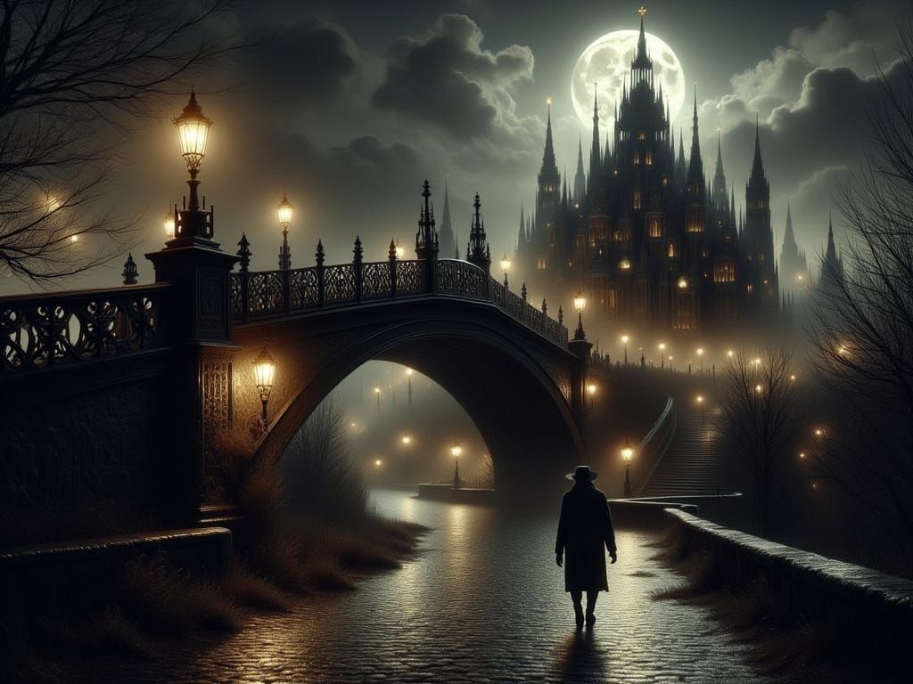 Gothic Figure Under Moonlight: Oil Painting Style