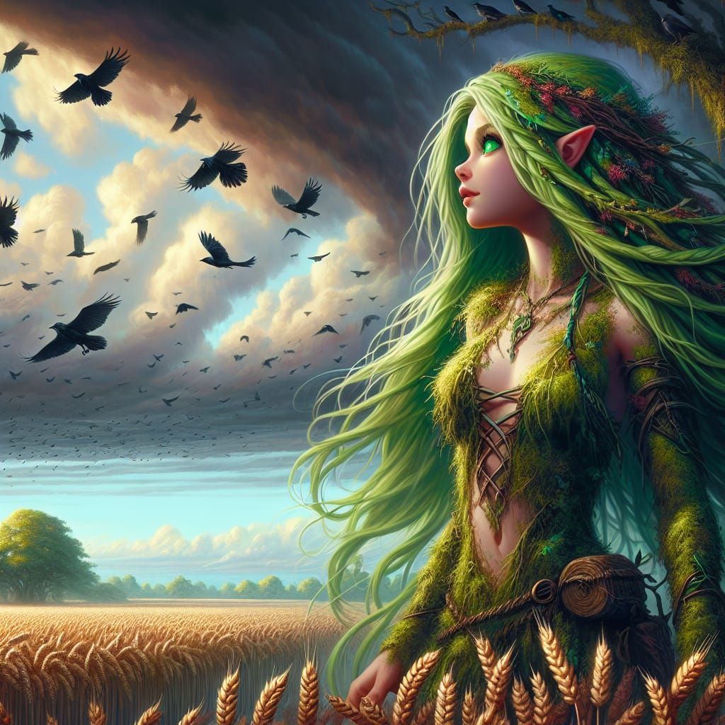 Dryad Girl in Wheat Field, Matte Painting