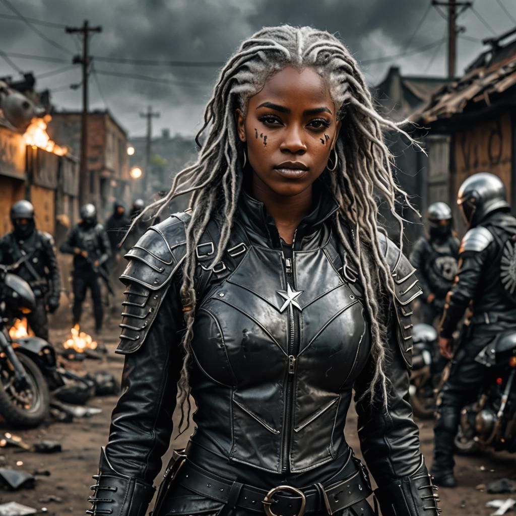Post-Apocalyptic Black Woman Leading Army at Night