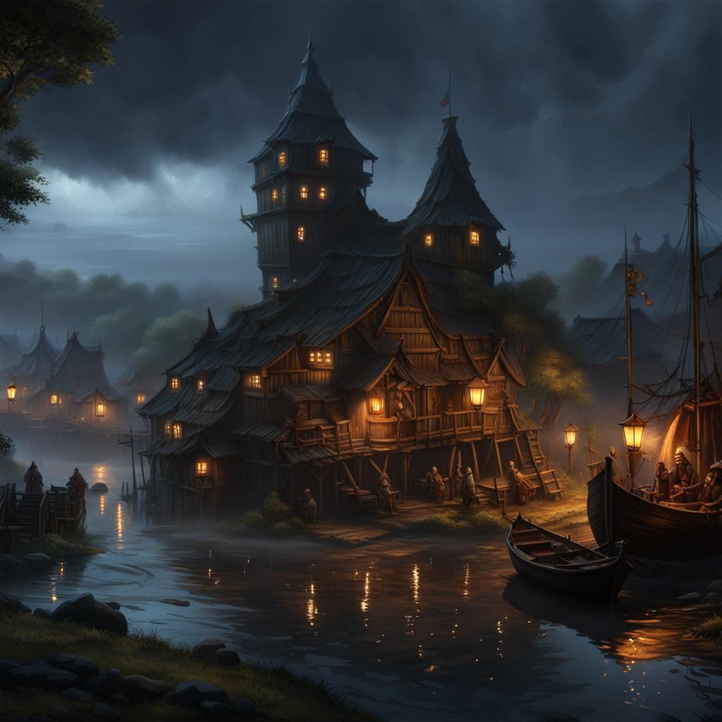 Rainy Fishing Village at Night, Dark Fantasy Concept Art