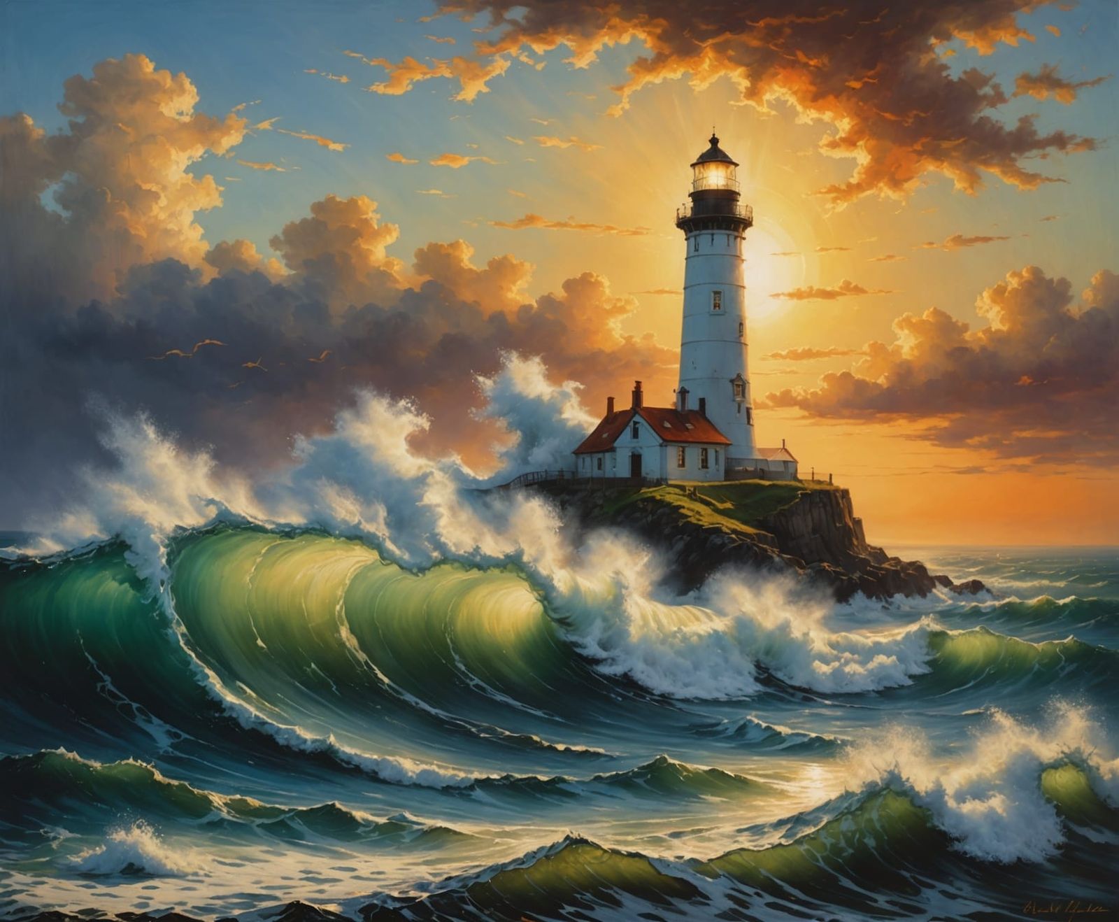 Lighthouse in Rembrandt Style Oil Painting