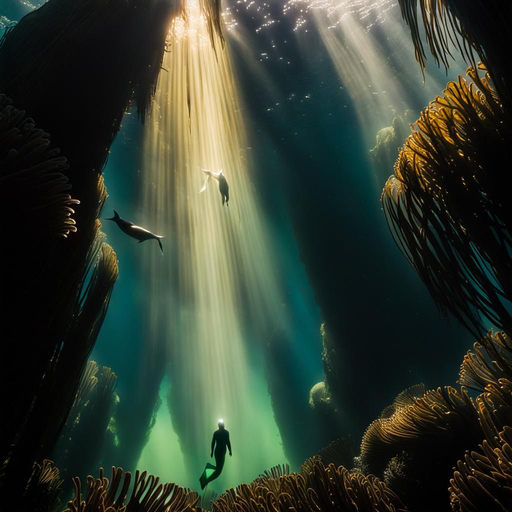 Freediving with Seals in Kelp Forest Painting