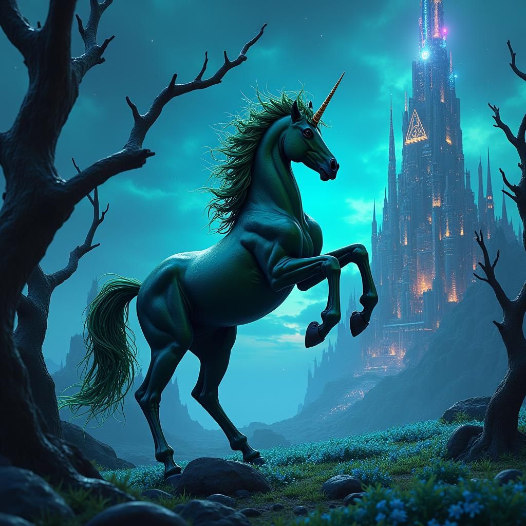 Dark Green Unicorn on Alien Planet