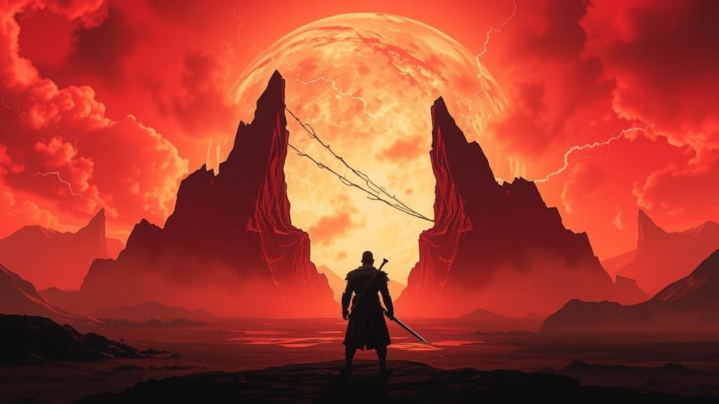 A lone warrior, silhouetted against a blood-red sky, stands ...