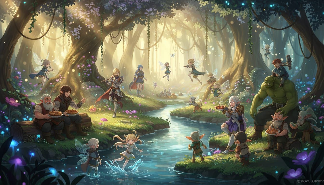 Fantasy Picnic in Enchanted Forest Clearing