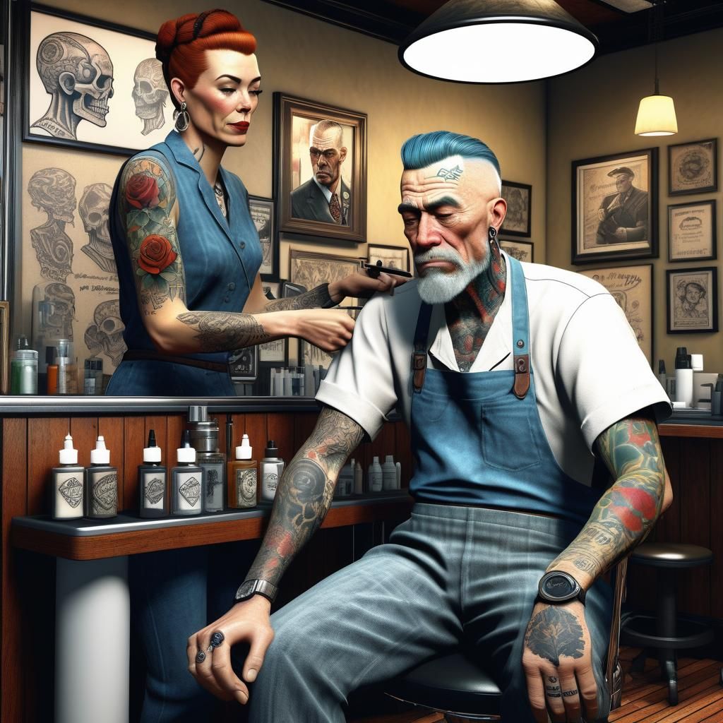 Tattoo Artist in Parlor, Norman Rockwell Style