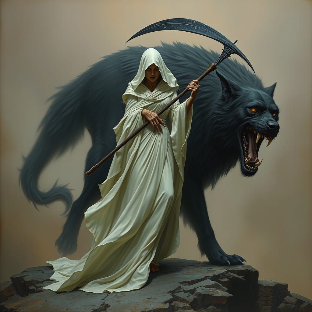 Female Grim Reaper with Ghost Dog in Mystical Style