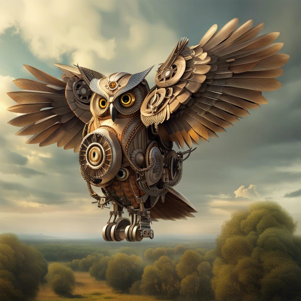 Mechanical Owl Bubo Flies Over Countryside