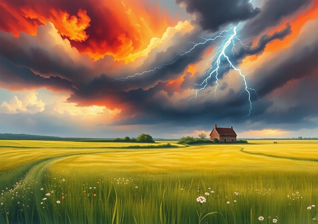 Meadow Under Fiery Sky in Classical Style