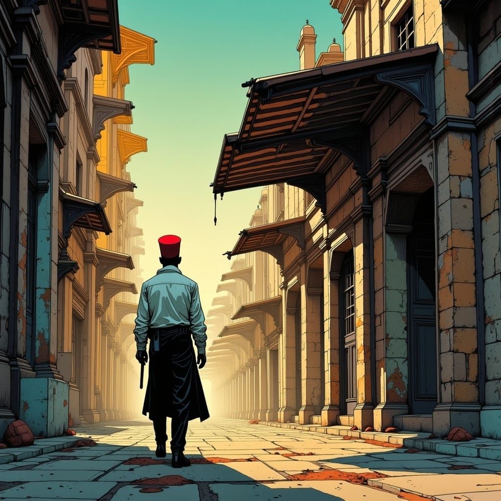 Pickpocket in Greek Alley in Moebius Line Art