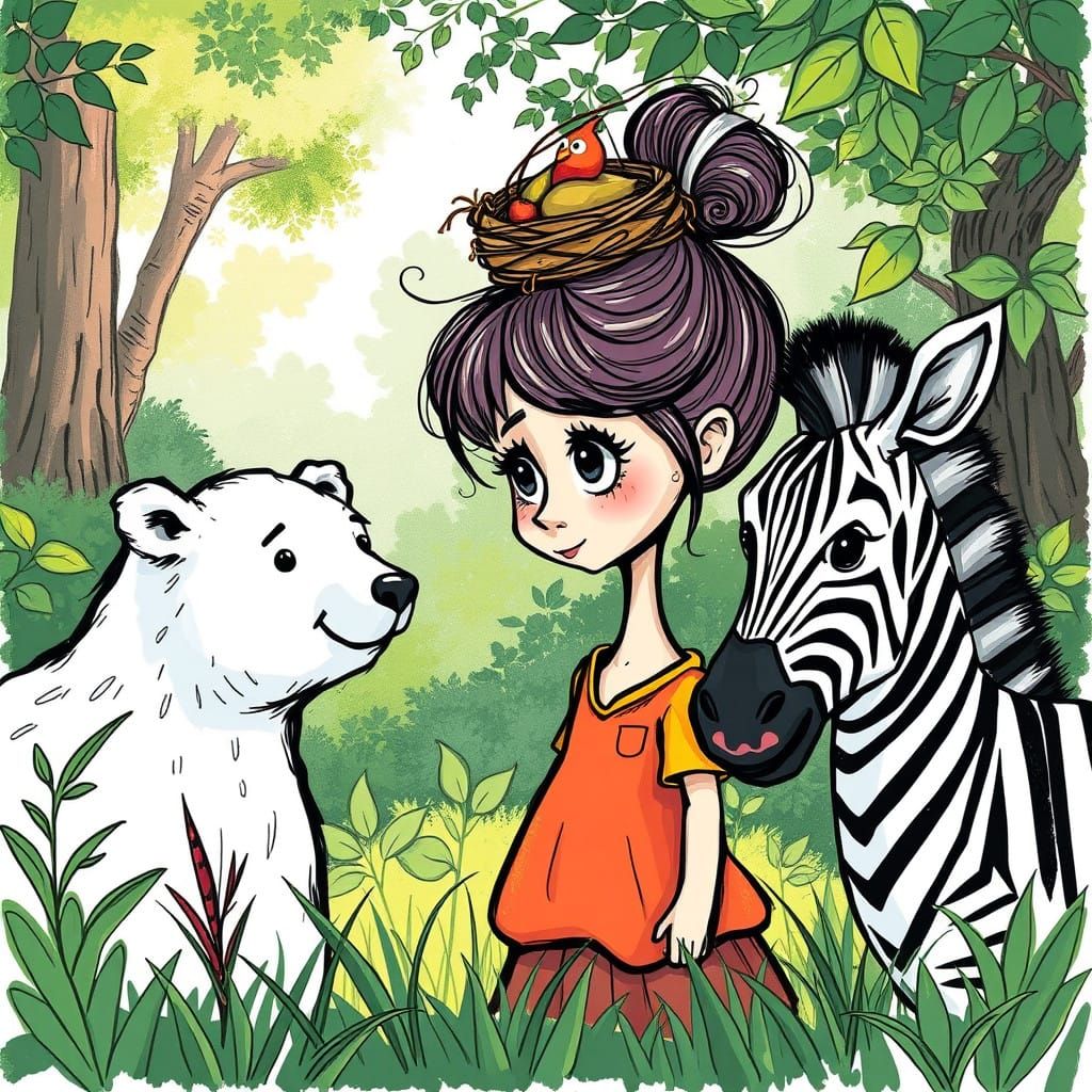 Whimsical Girl in Sunlit Forest, Engaged with Imaginary Frie...