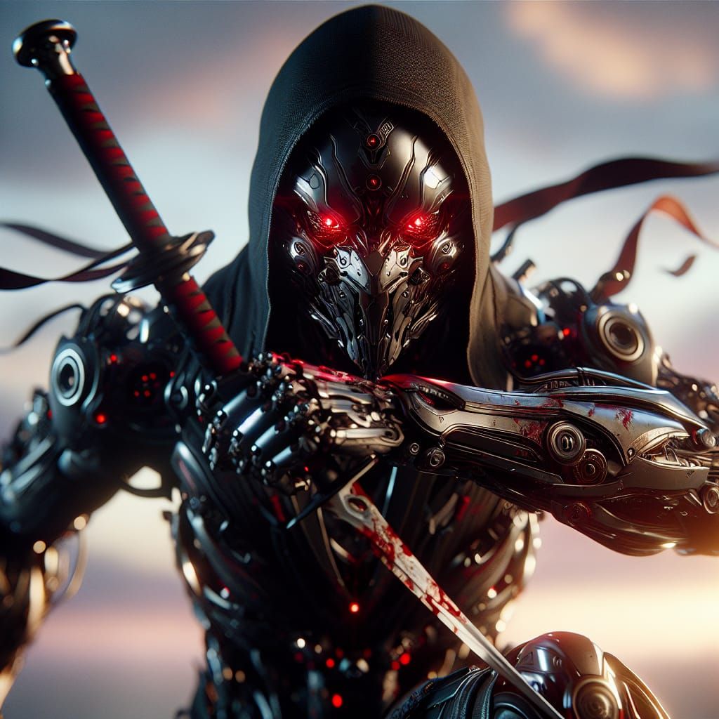 Warforged Assassin Ninja in Black Armor with Red Eyes