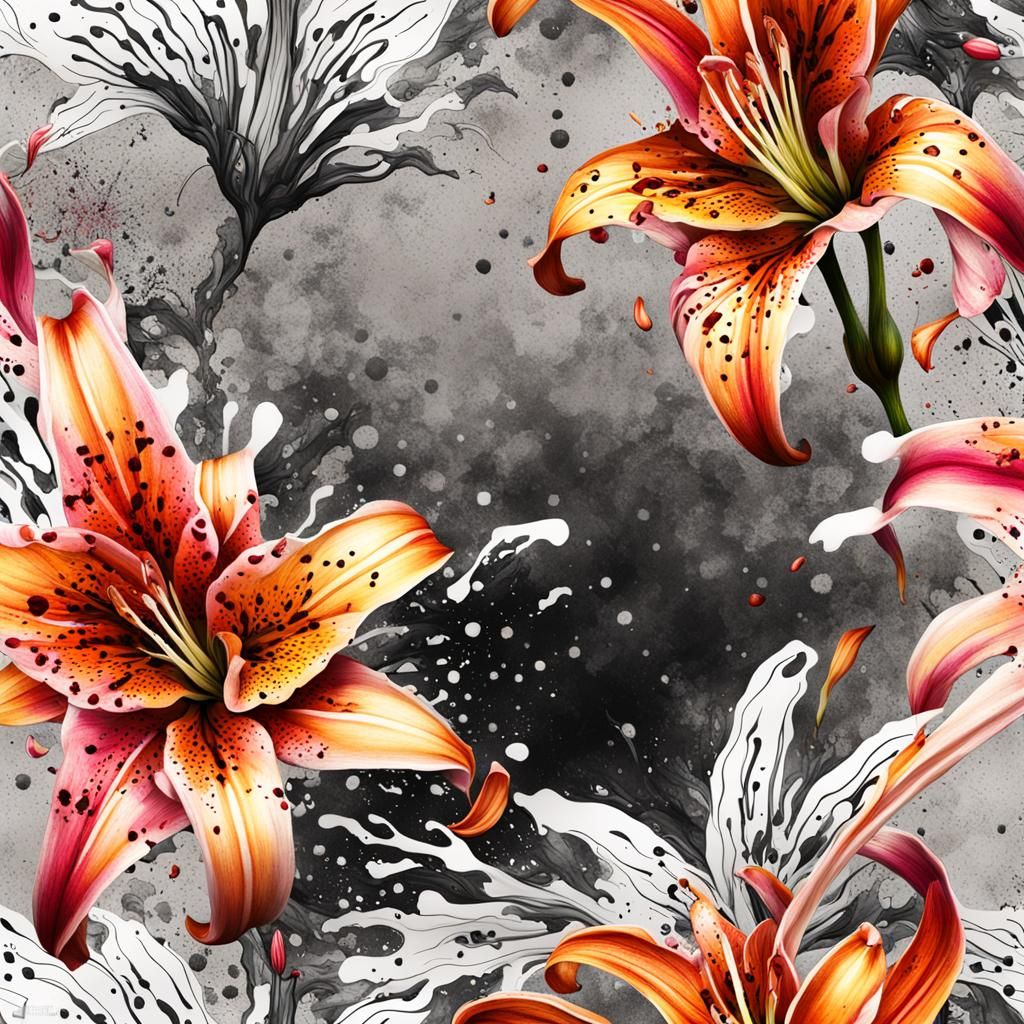Hyperrealistic Oriental Lily in Vibrant Splatter Art