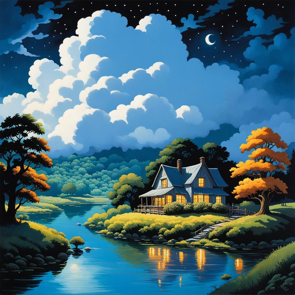 Night River Valley Cottage, Illustrated Dreamscape