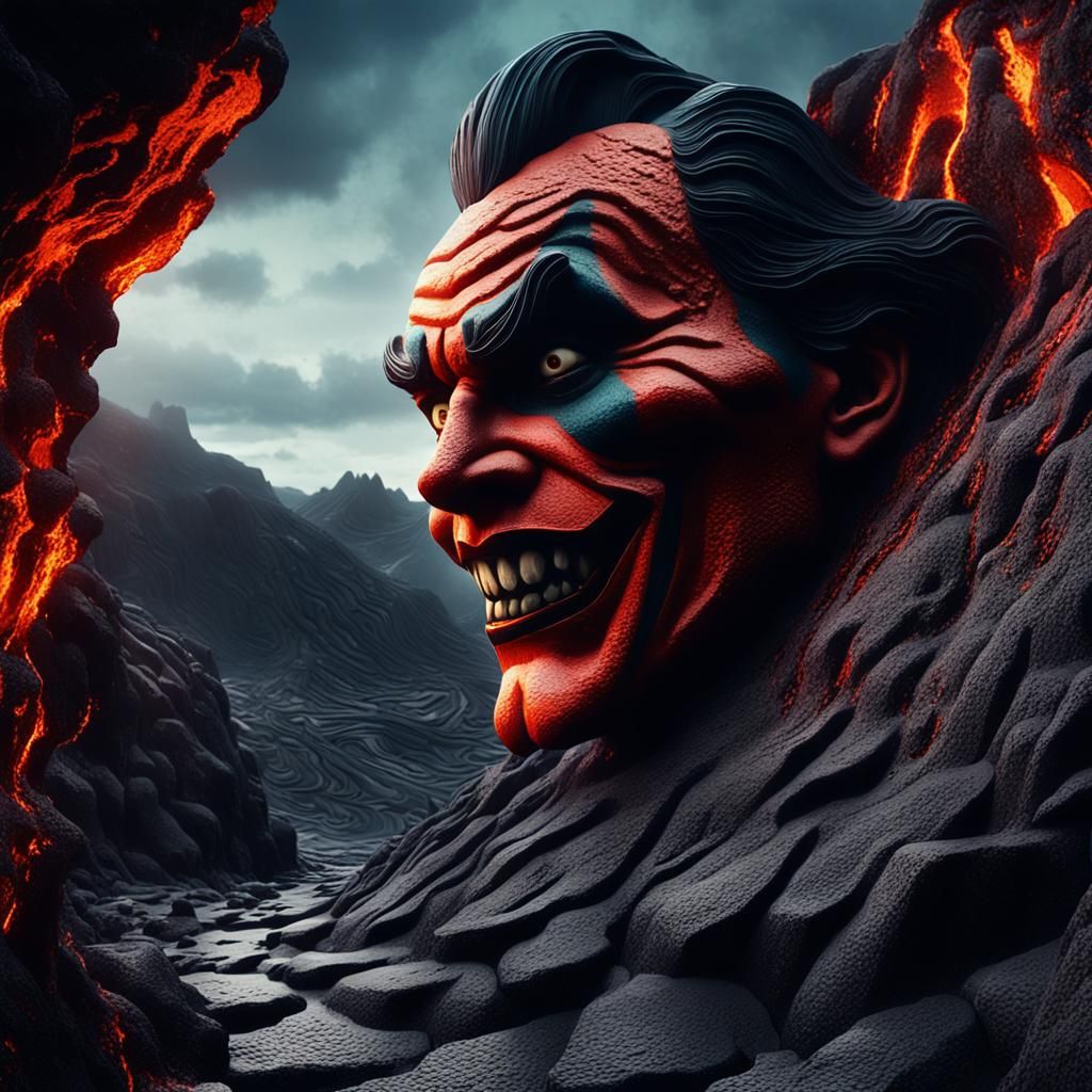 Volcanic Joker Face in Surreal Landscape