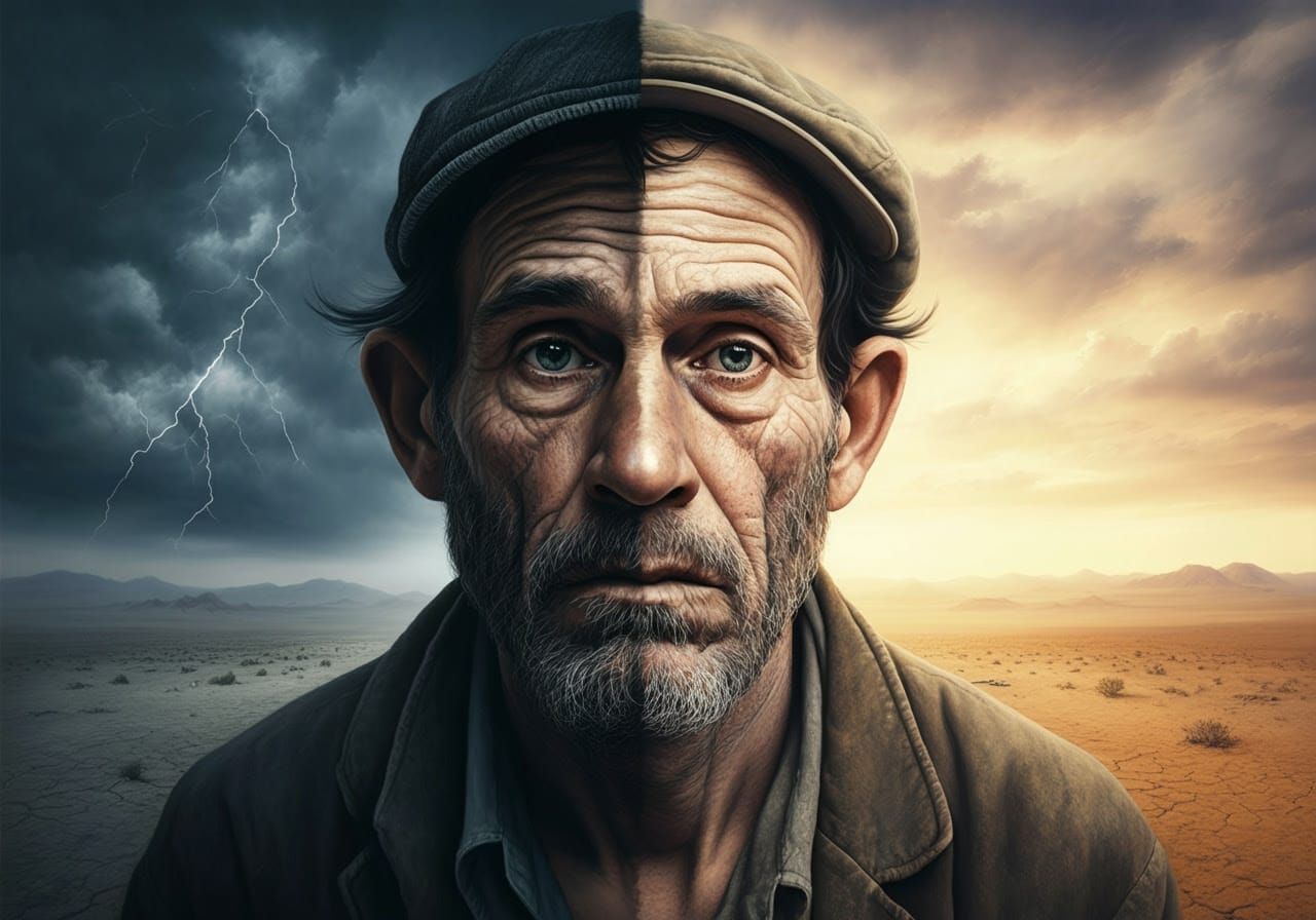 Man in Desert Street With Stormy to Sunny Transition