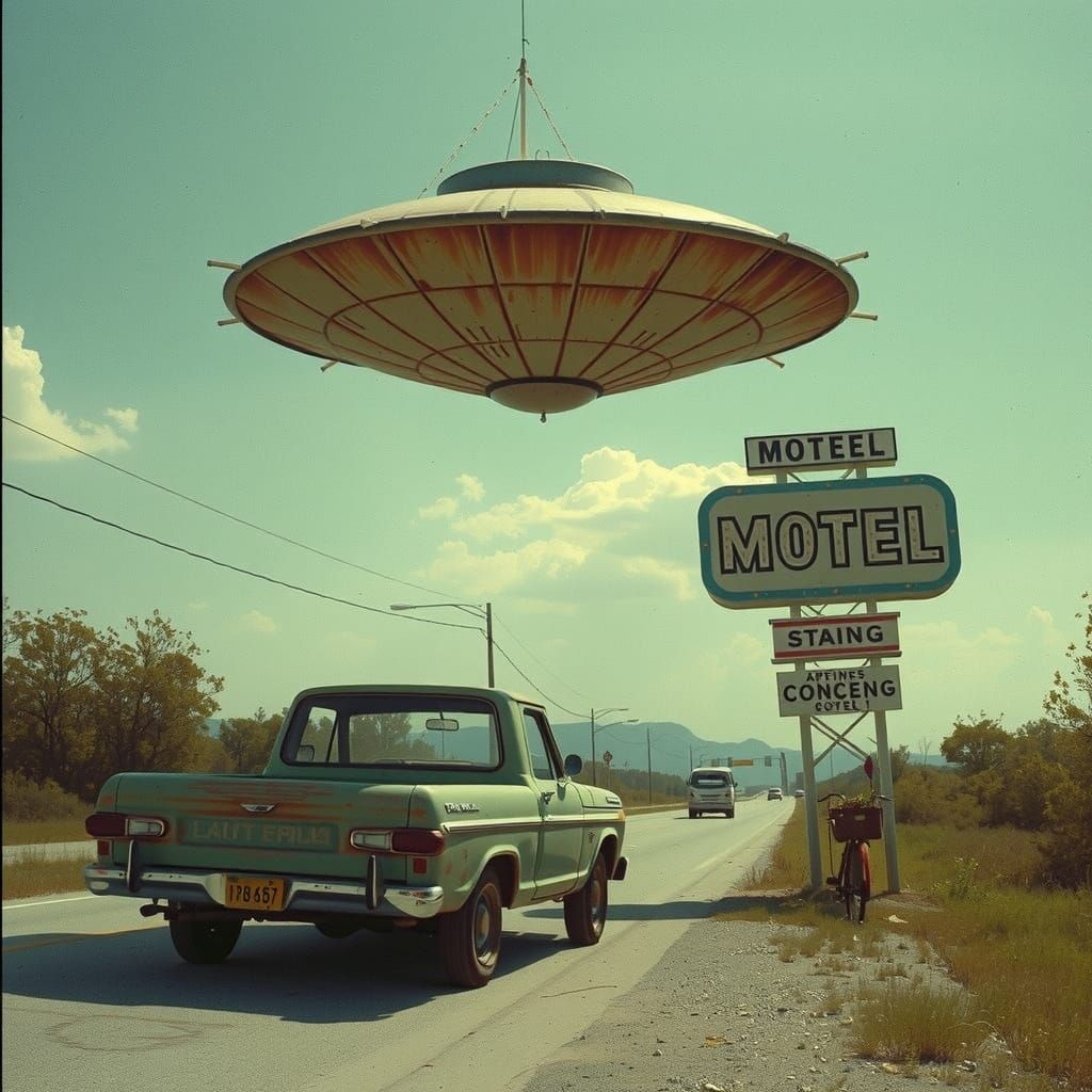 Rusty Flying Saucer Hovering Over 70s-Style Motel