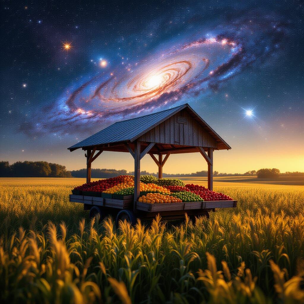 a farmstand floats through cosmic space