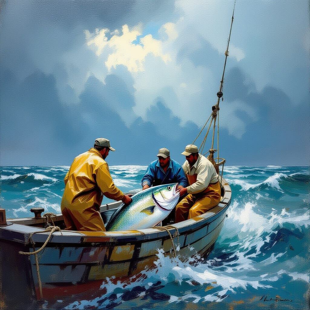 Fishermen Hauling Bass Under Dramatic Cloudy Sky