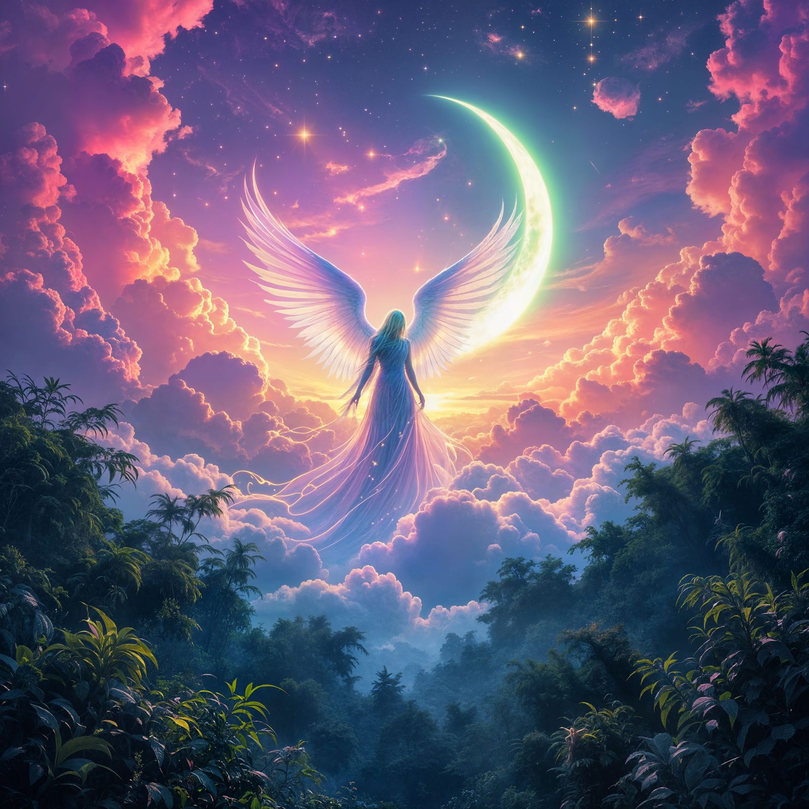 Opalescent Angel in Cosmic Psychedelic Dreamscape