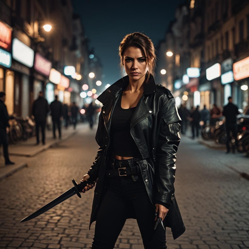 Woman with Blade Ready in City at Night
