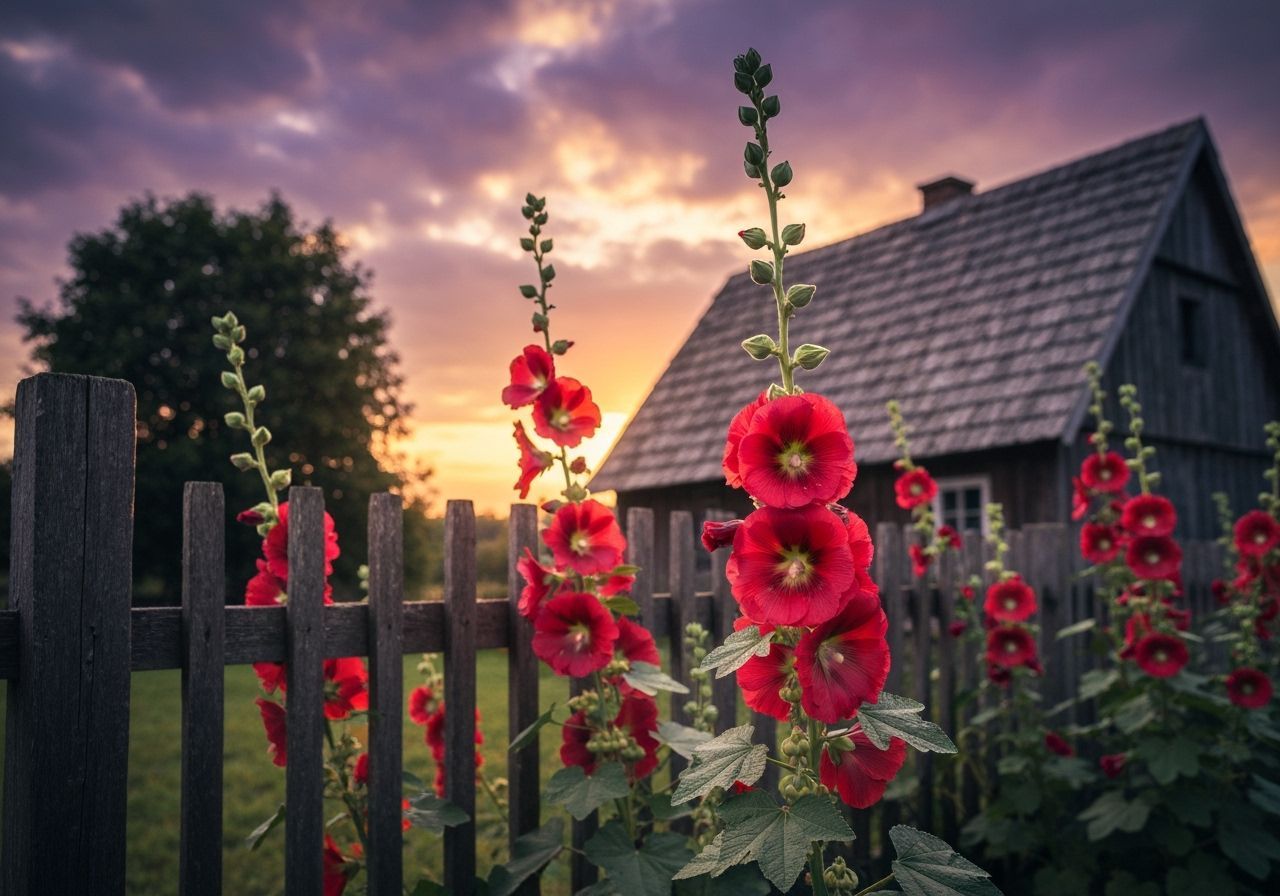Hollyhocks Bloom in Golden Sunset Light