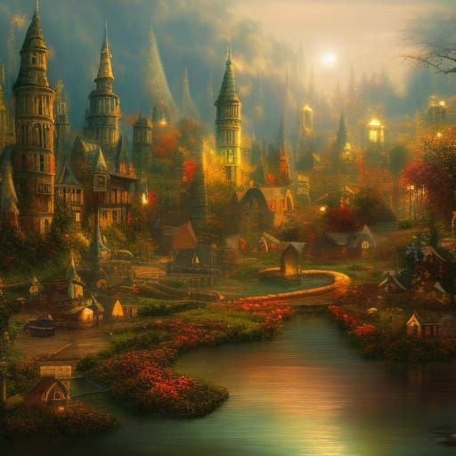 Fairy Town at Dawn: Detailed Fantasy Concept Art