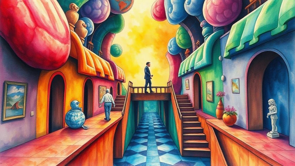 Surreal Colourful Scene in Watercolour and Charcoal Style