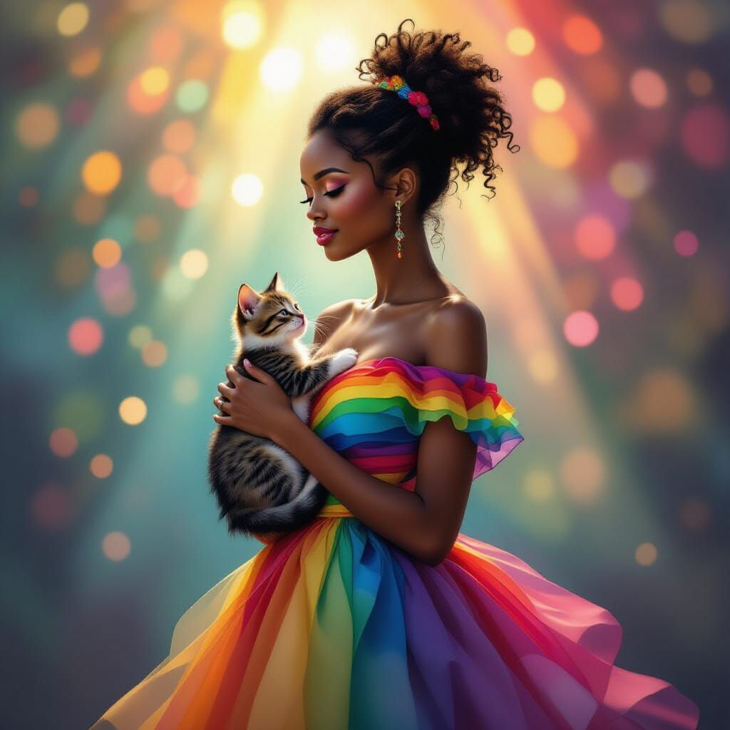 Woman with Kitten in Magical Futuristic Style
