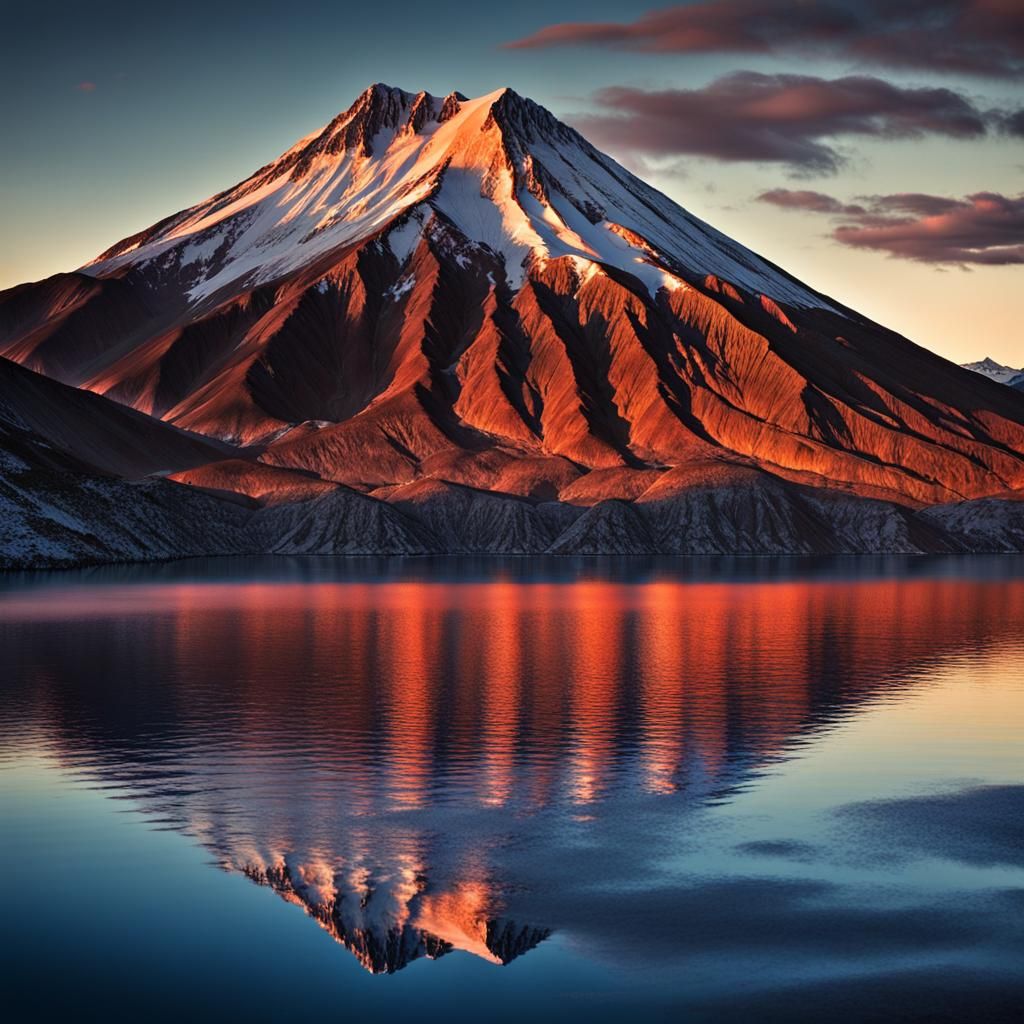 Volcano and Glacial Lake at Sunset: Sharp Focus Photo