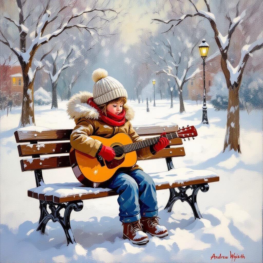 Child with Guitar on Snowy Bench in Impasto Style