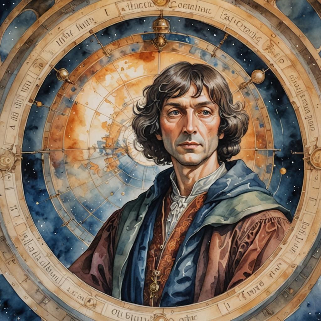 Copernicus Portrait with Heliocentric Model in Watercolor St...