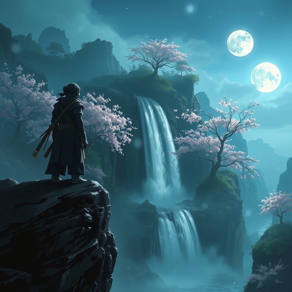 Ninja Warrior Gazing at Moonlit Fantasy Landscape