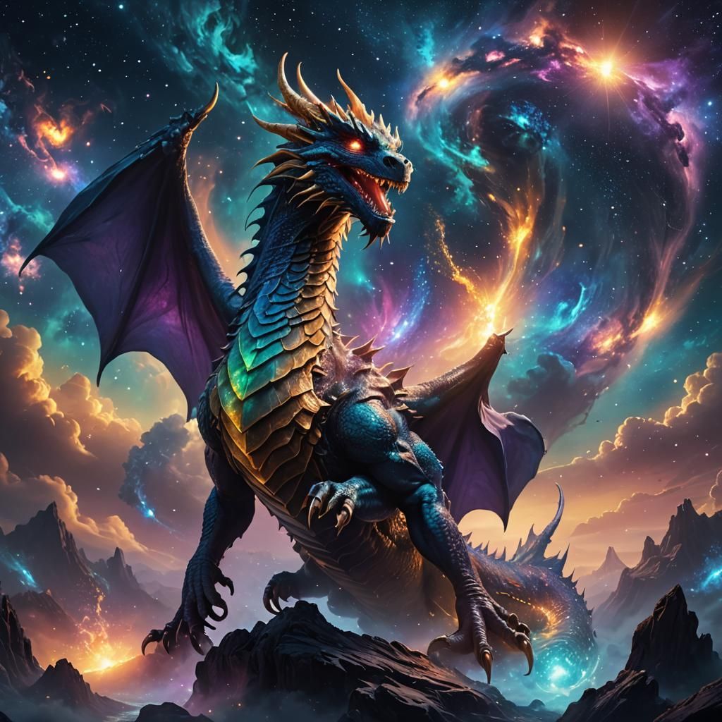 Dragon Gazes at Galaxy in Fantasy Concept Art