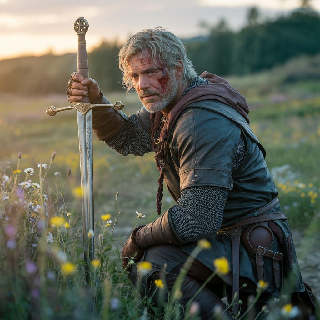 Battle-Worn Knight in Field of Wildflowers