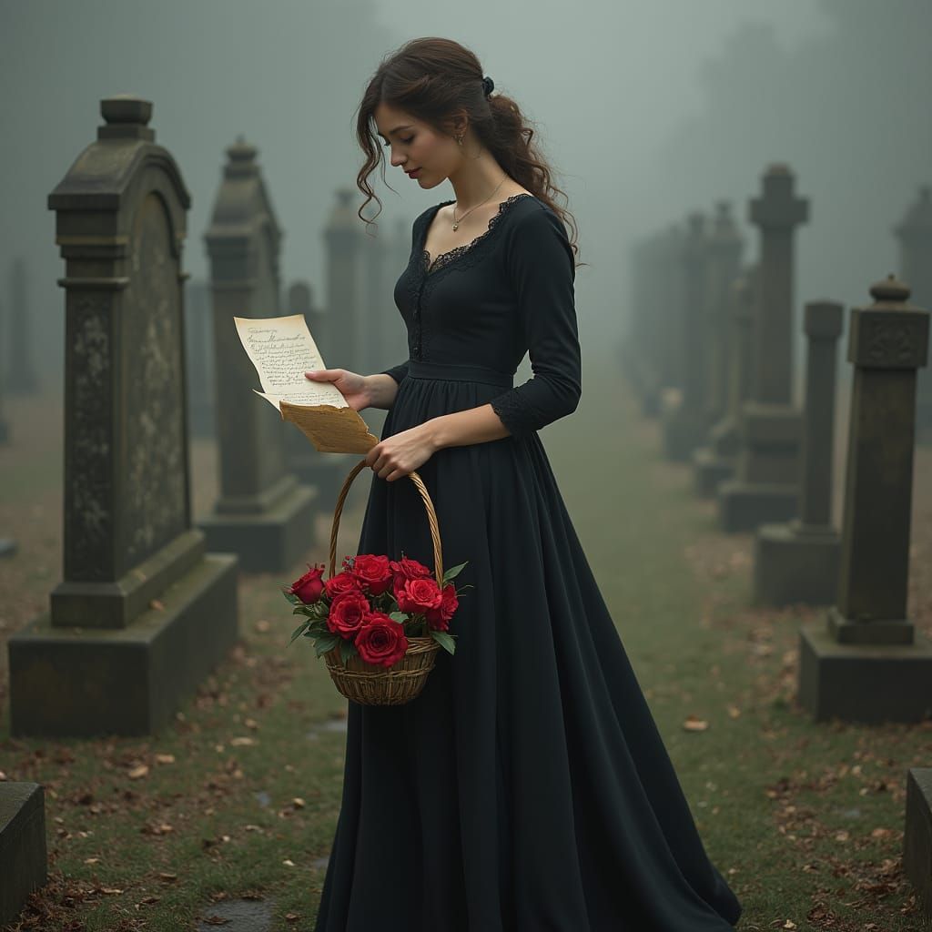 Woman Reads Letter in Misty Graveyard, Pre-Raphaelite Style
