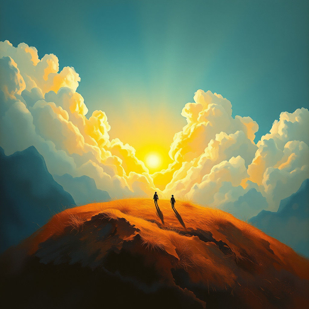 Dreamlike Realm with Small Figures in Shimmering Light