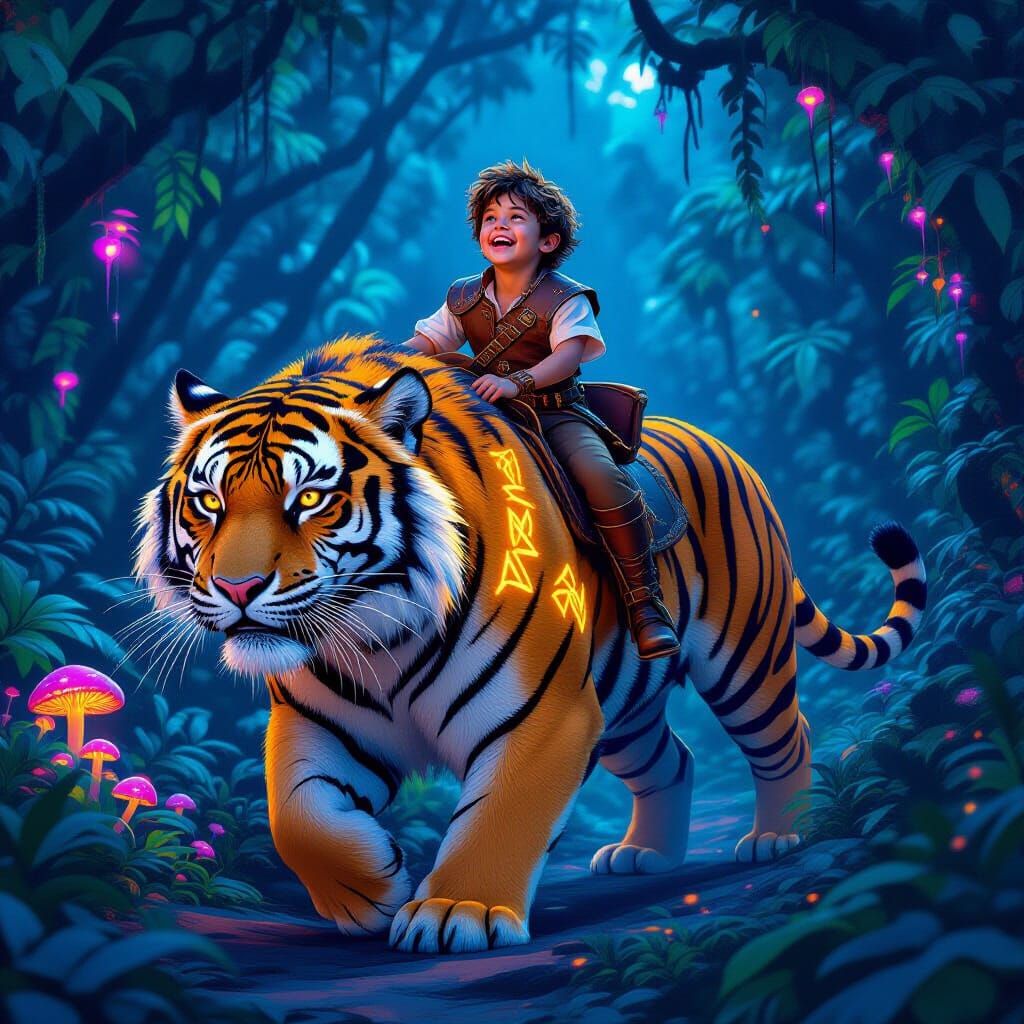 Boy Rides Glowing Tiger Through Bioluminescent Jungle