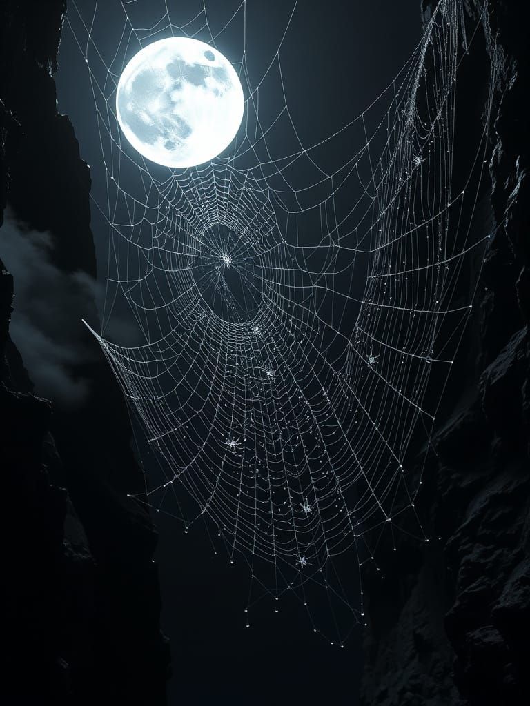 Bioluminescent Spiders on Gossamer Web in Moonlight Crevasse
