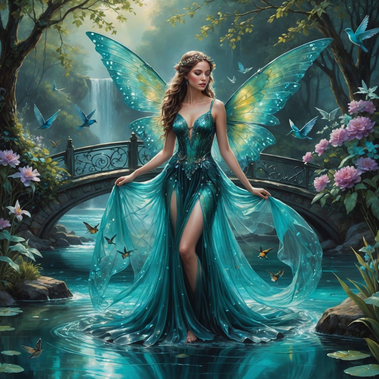 Enchanting Fairy with Turquoise Birds, Digital Art