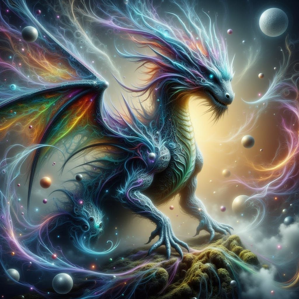 Majestic Dragon on Mossy Rock in Mystical Landscape